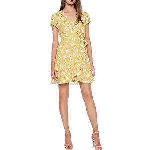 BARDOT Abstract Daisy Faux Wrap Mini Dress Yellow Floral Print Size S